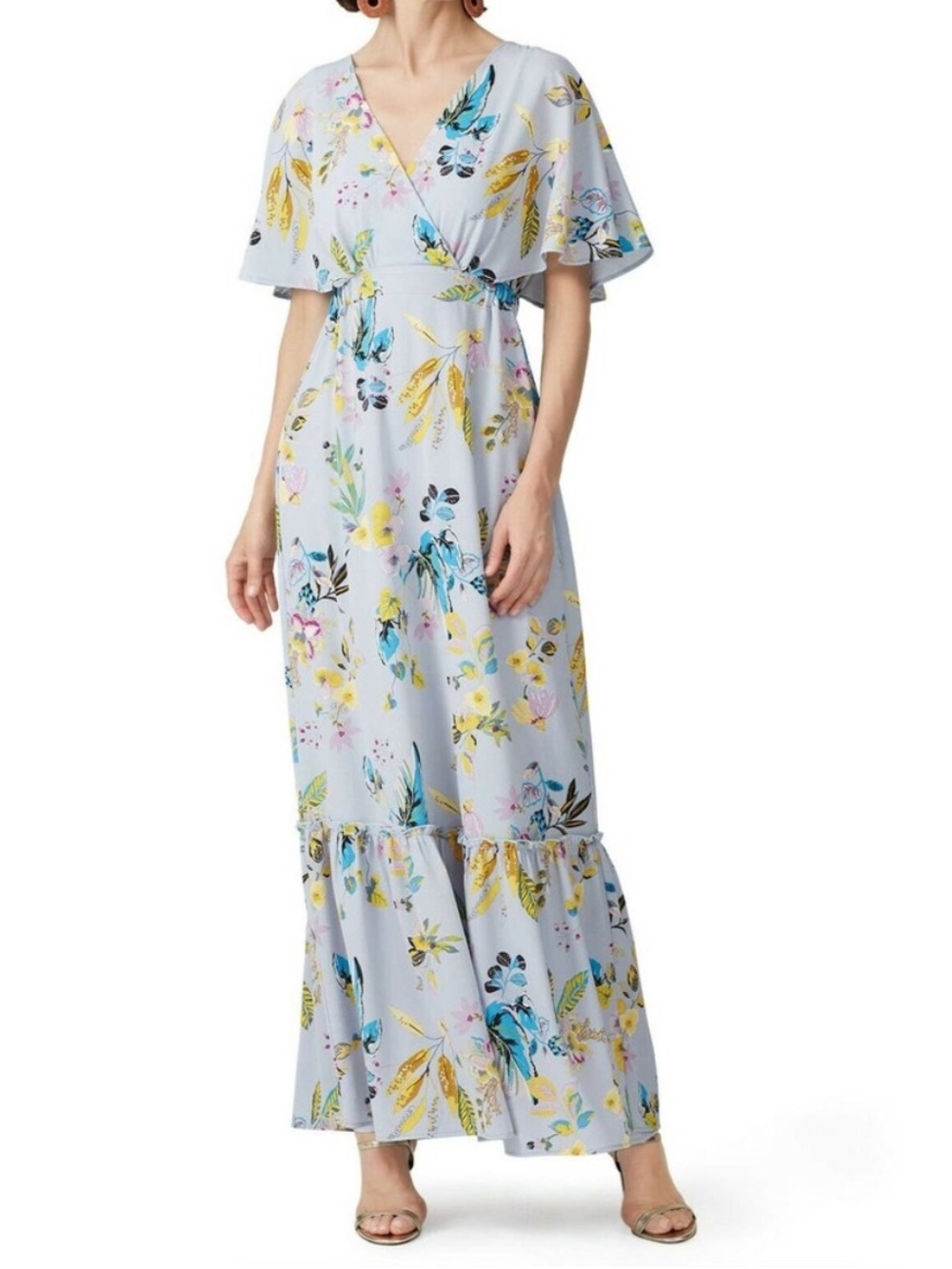 Slate & Willow Blue Floral Maxi Dress Flutter Sleeve Ruffle Hem S